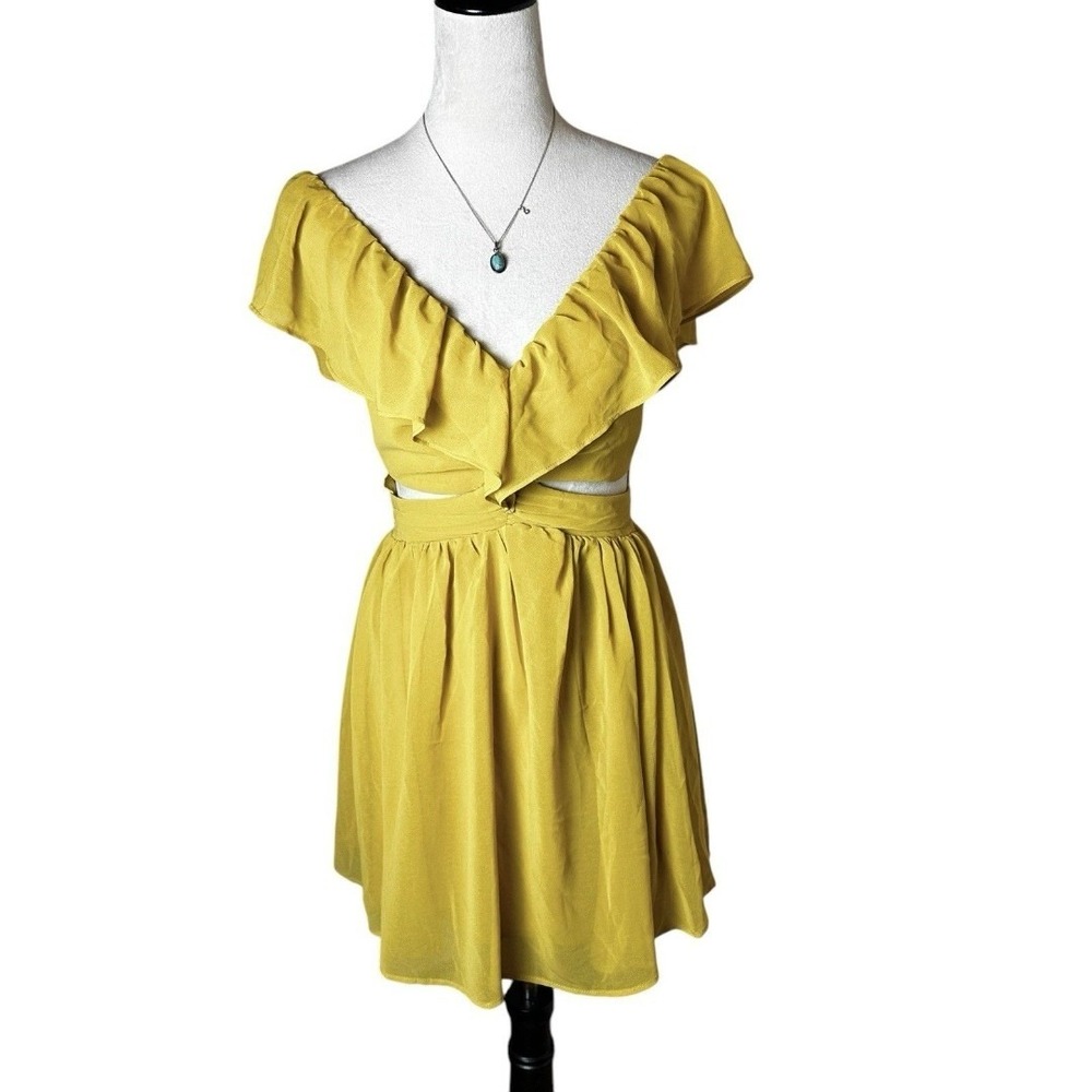Keepsake the Label Mustard Yellow Ruffle Cutout Mini Dress 4 | Feminine Romantic